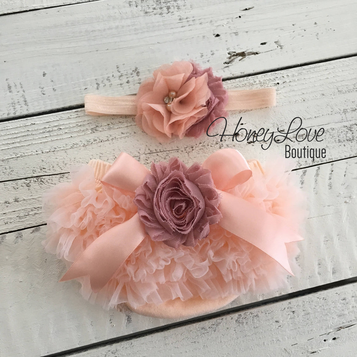 Peach ruffle bottom bloomers - vintage pink and peach headband - embellished flower - HoneyLoveBoutique