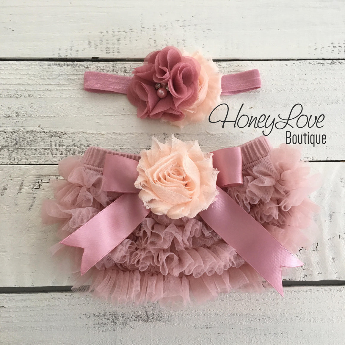 Vintage Pink ruffle bottom bloomers and vintage pink/peach flower headband - embellished flower - HoneyLoveBoutique