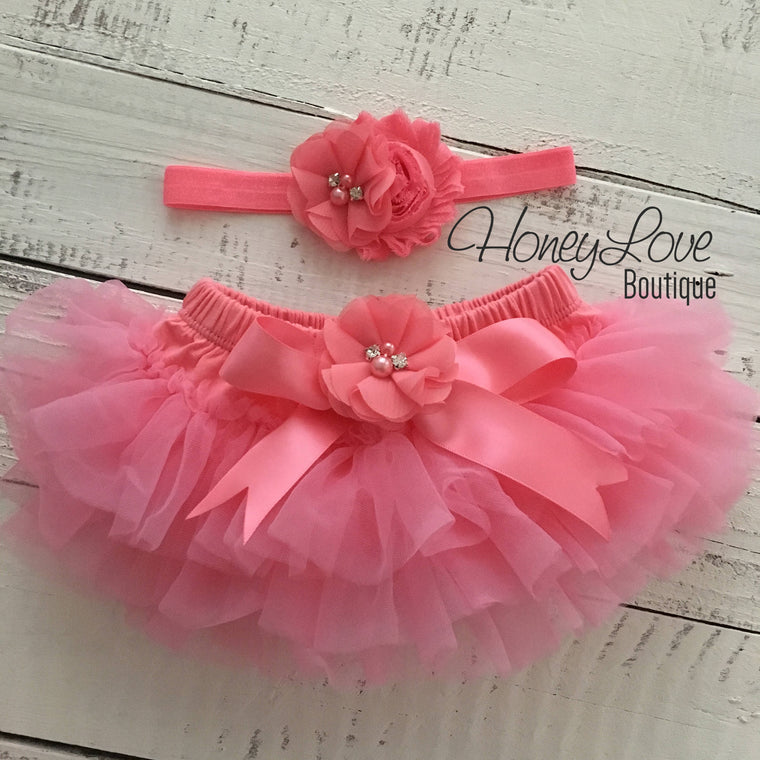 Coral Pink embellished tutu skirt bloomers and matching headband - HoneyLoveBoutique