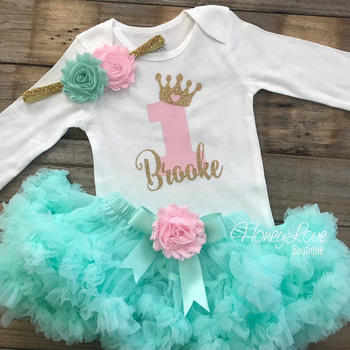 Personalized 1st Birthday Princess Outfit - Gold Glitter, Light Pink and Mint/Aqua - embellished pettiskirt - HoneyLoveBoutique