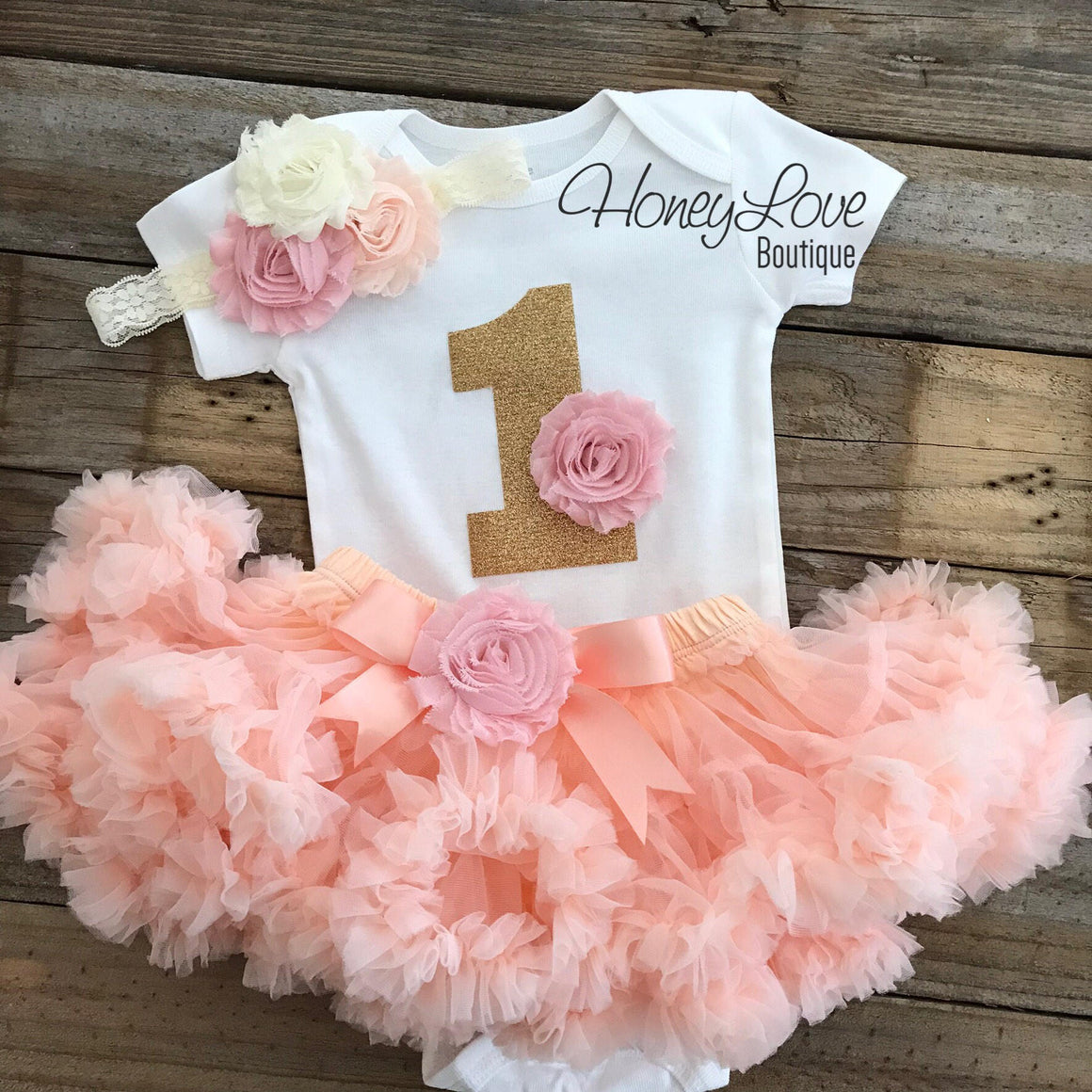 1st Birthday Outfit - Peach, Blush Pink and Ivory - embellished pettiskirt - HoneyLoveBoutique