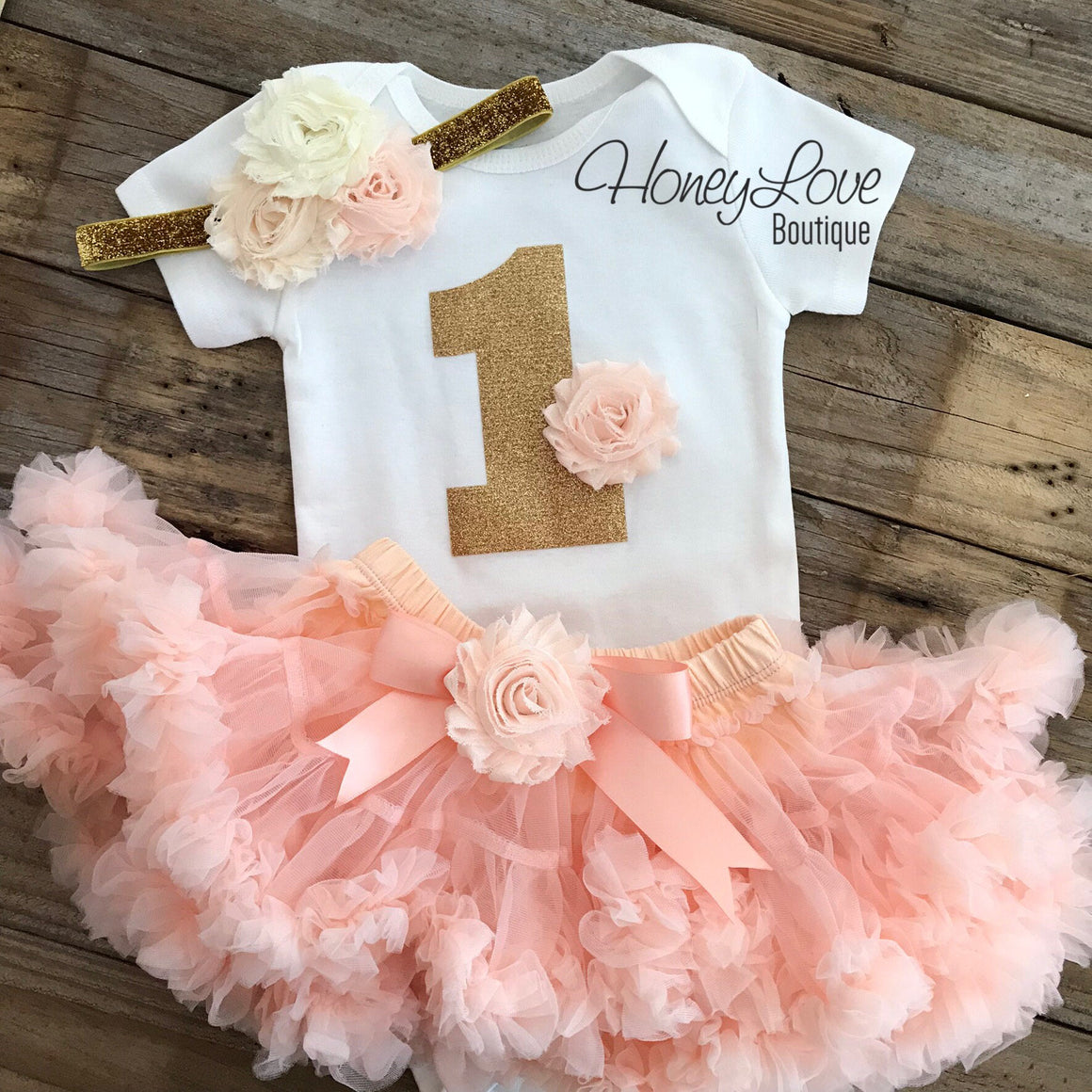 1st Birthday Outfit - Peach, Ivory and Gold - embellished pettiskirt - HoneyLoveBoutique