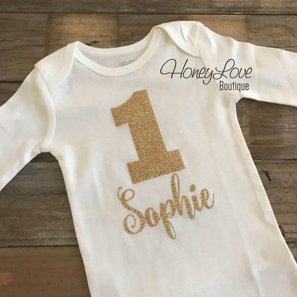 Personalized Name 1st Birthday Bodysuit - Gold Glitter - HoneyLoveBoutique