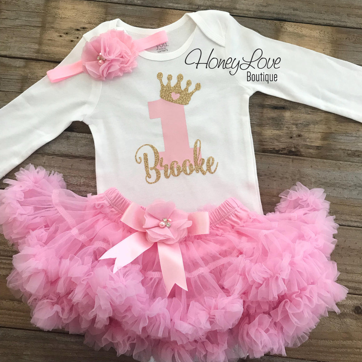 Personalized 1st Birthday Princess outfit - Light Pink and Gold Glitter - embellished pettiskirt - HoneyLoveBoutique