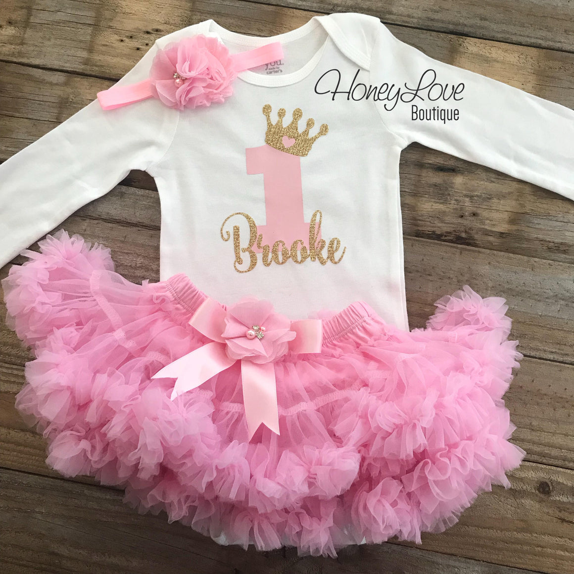 Personalized 1st Birthday Princess outfit - Light Pink and Gold Glitter - embellished pettiskirt - HoneyLoveBoutique
