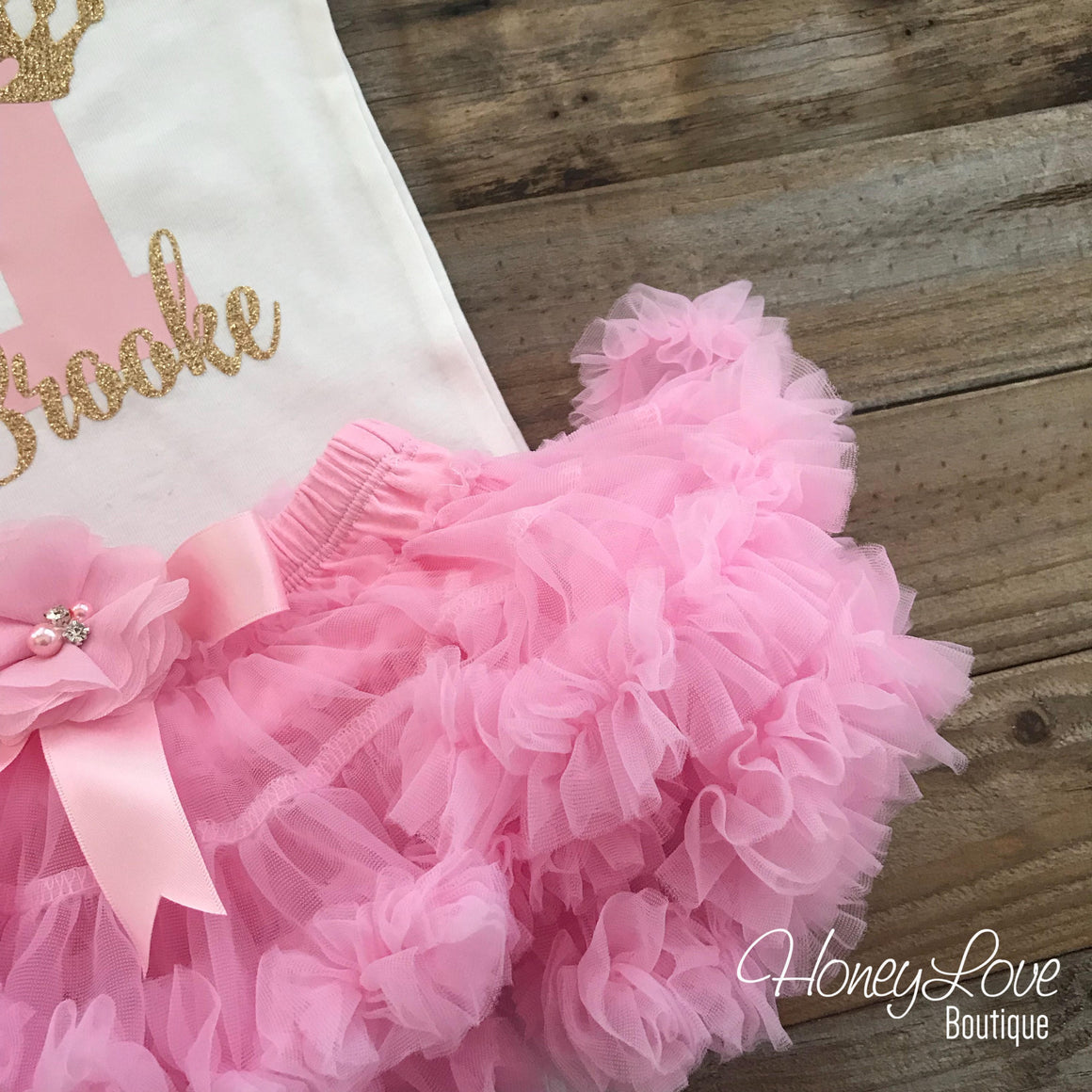 Personalized 1st Birthday Princess outfit - Light Pink and Gold Glitter - embellished pettiskirt - HoneyLoveBoutique