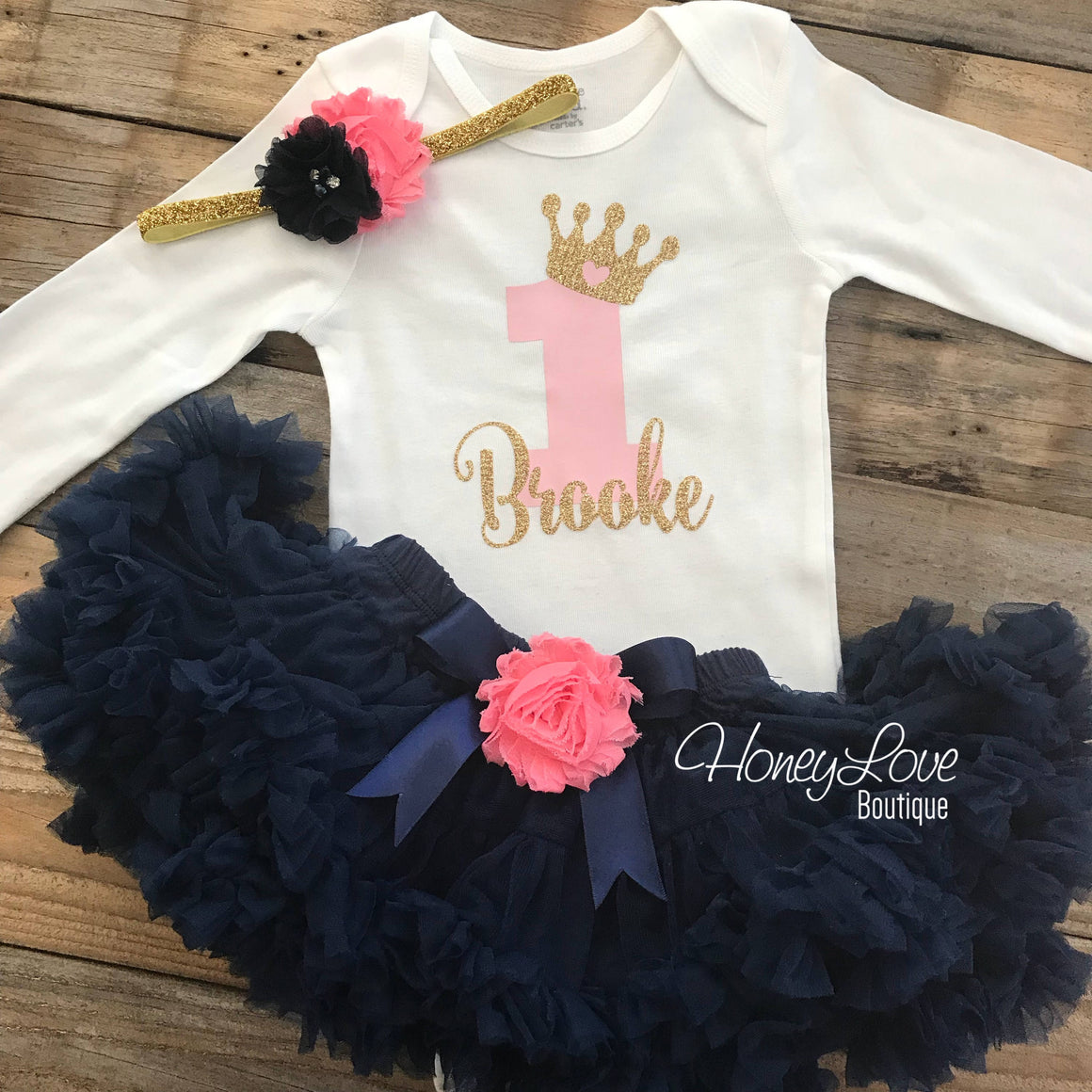 Personalized 1st Birthday Princess outfit - Gold Glitter and Navy Blue - embellished pettiskirt - HoneyLoveBoutique