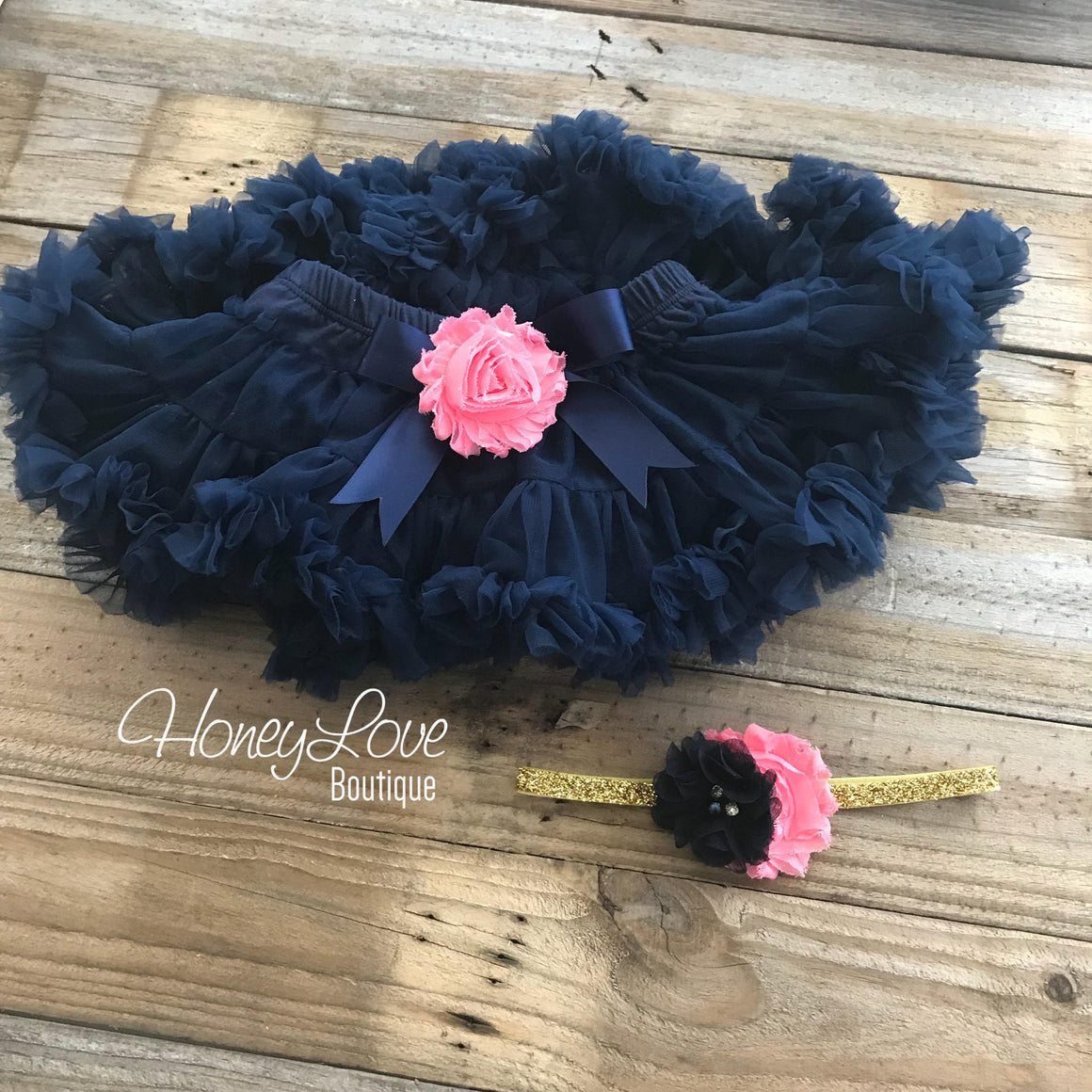 Personalized 1st Birthday Princess outfit - Gold Glitter and Navy Blue - embellished pettiskirt - HoneyLoveBoutique