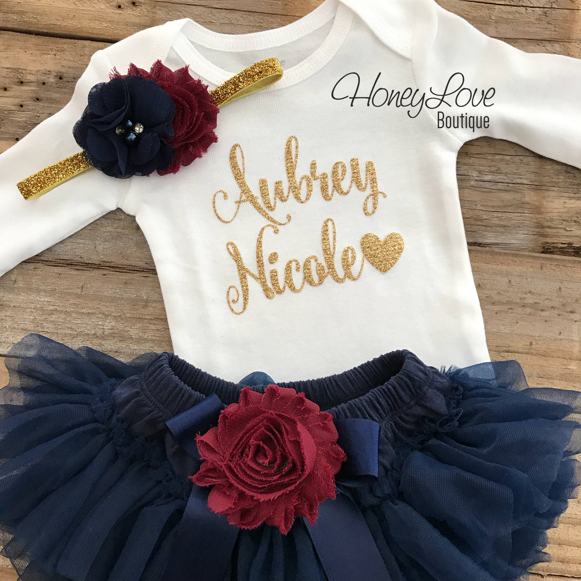 PERSONALIZED Name Outfit - Navy Blue and Gold Glitter - Maroon/Burgundy flower embellished tutu skirt bloomers - HoneyLoveBoutique