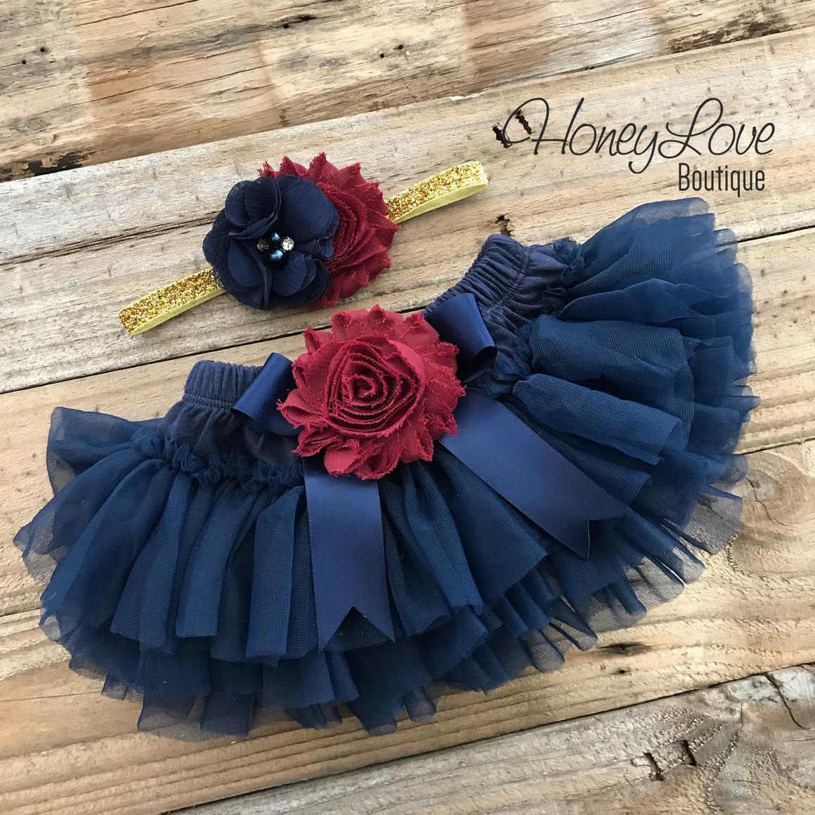 PERSONALIZED Name Outfit - Navy Blue and Gold Glitter - Maroon/Burgundy flower embellished tutu skirt bloomers - HoneyLoveBoutique