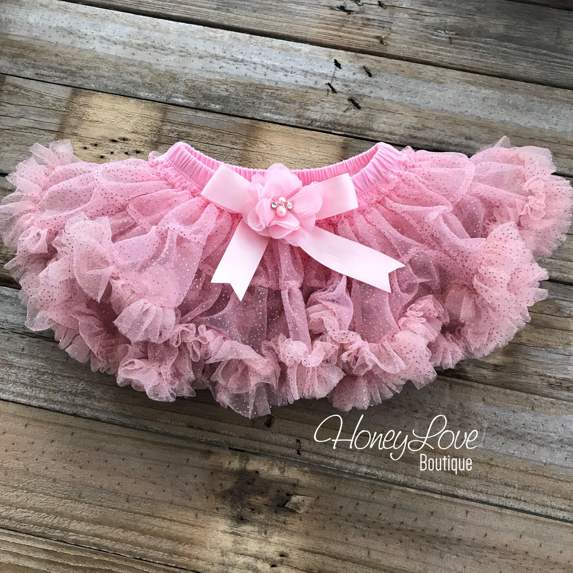 Light Pink and Gold Glitter pettiskirt - embellished flower - HoneyLoveBoutique