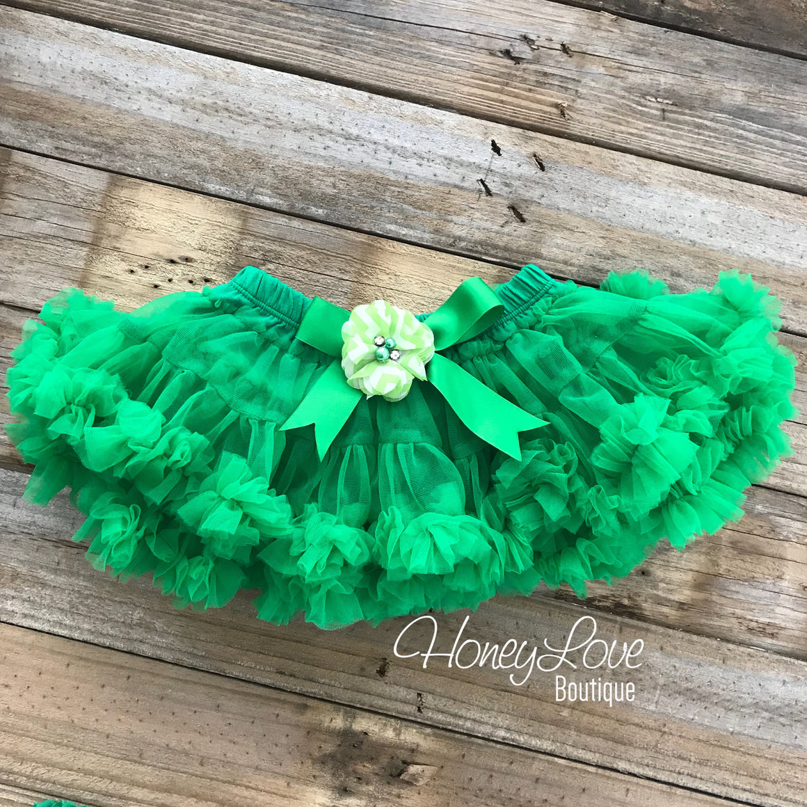 Kelly Green Pettiskirt - embellished rhinestone/pearl chevron flower - HoneyLoveBoutique