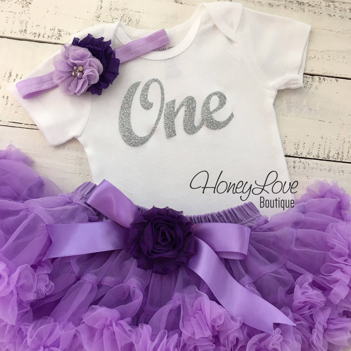 One - Birthday Outfit - Lavender Purple and Silver/Gold Glitter - embellished grape flower pettiskirt - HoneyLoveBoutique