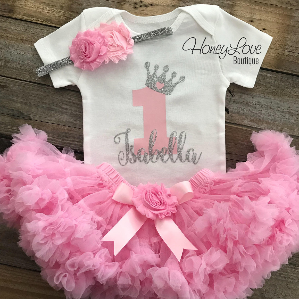 Personalized 1st Birthday Princess outfit - Silver Glitter and Light Pink - embellished pettiskirt - HoneyLoveBoutique