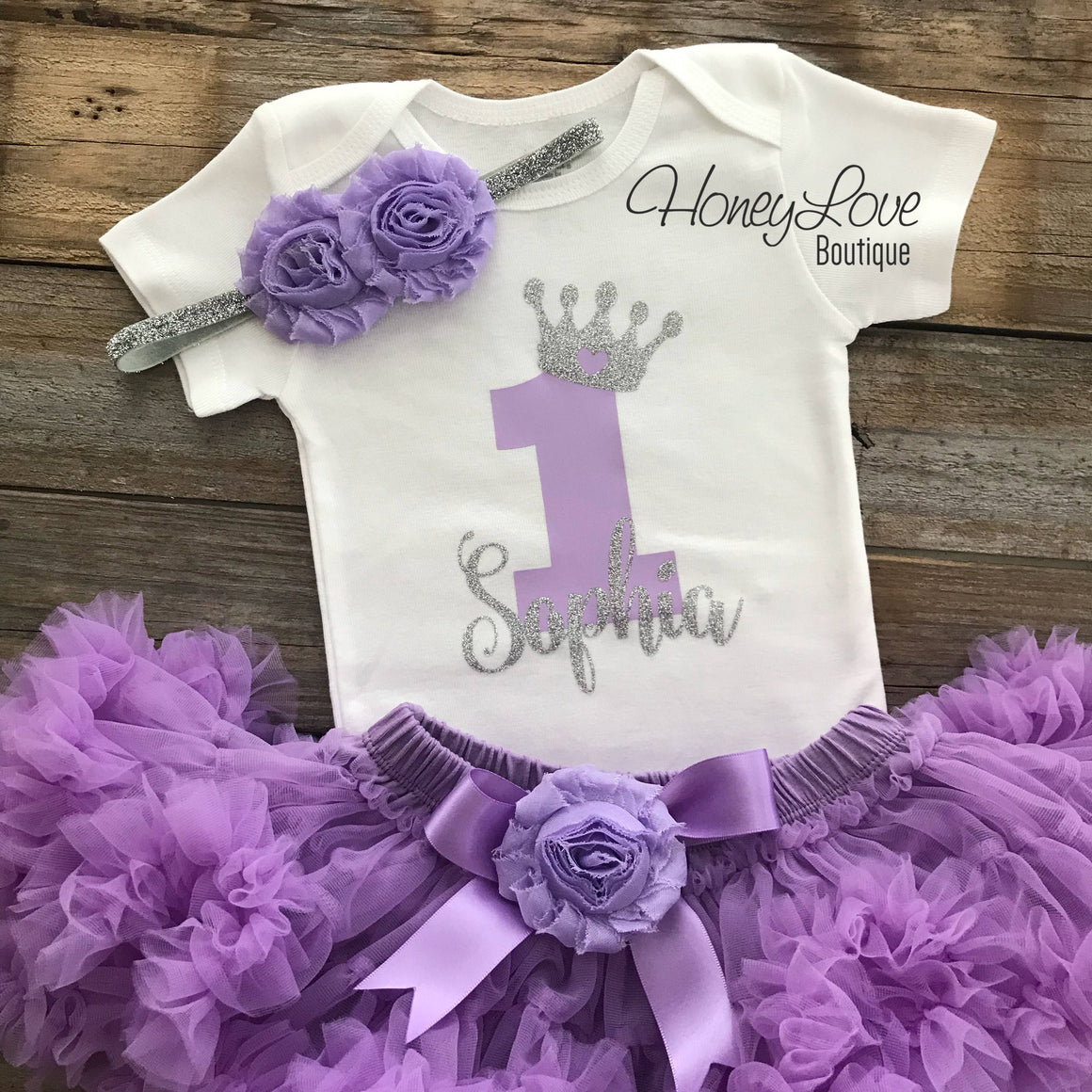 Personalized 1st Birthday Princess outfit - Silver glitter and Lavender Purple - embellished pettiskirt - HoneyLoveBoutique