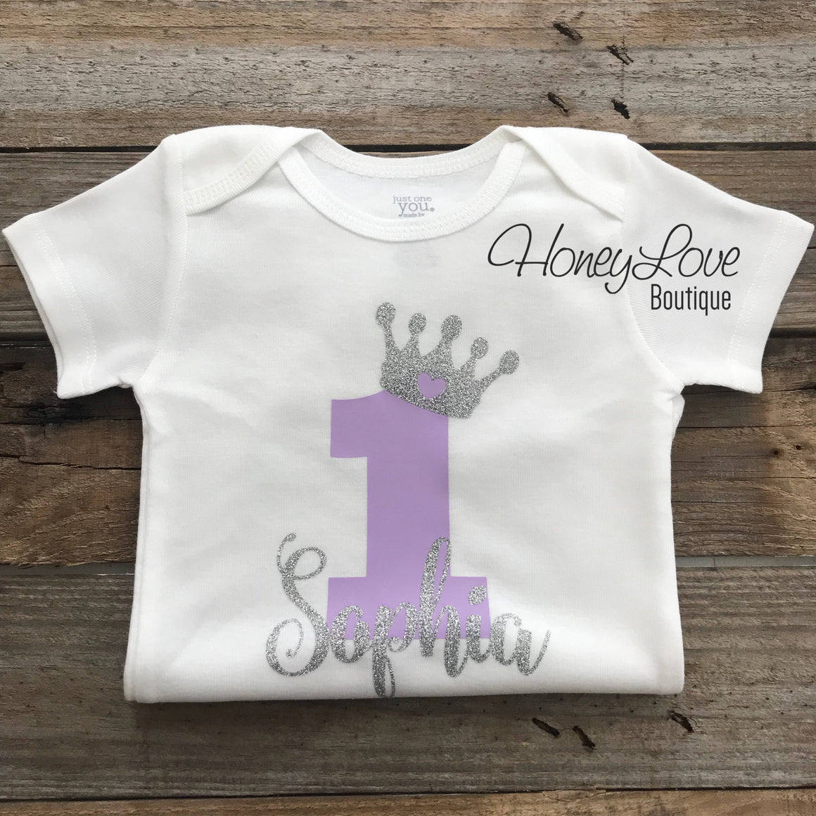 Personalized First Birthday Princess Bodysuit - Lavender Purple and Silver glitter - HoneyLoveBoutique