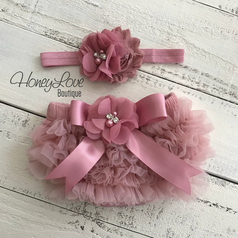Vintage Pink ruffle bottom bloomers and headband - embellished bloomers - HoneyLoveBoutique
