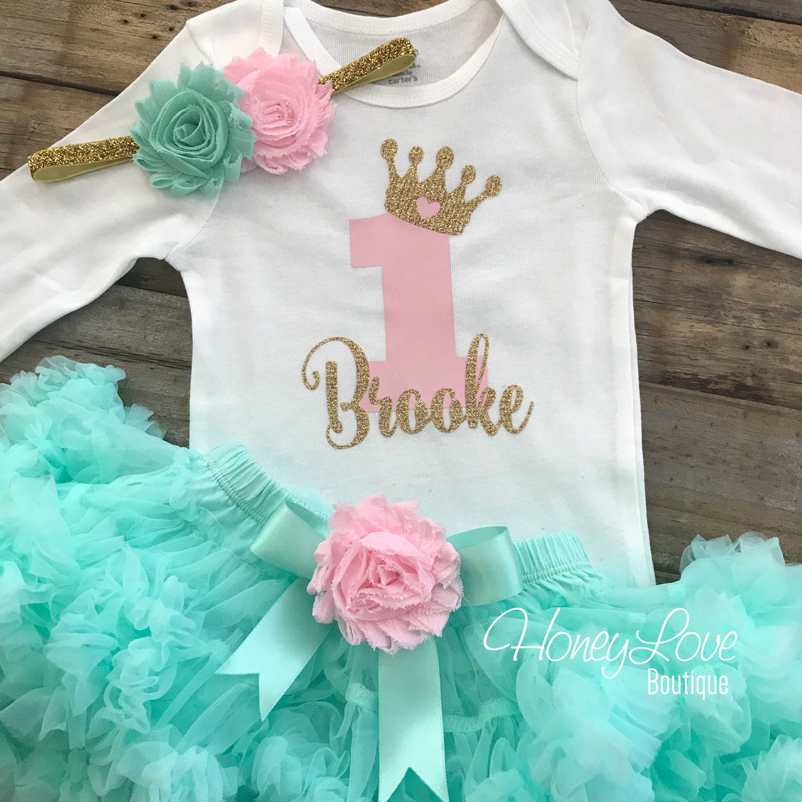 Personalized 1st Birthday Princess Outfit - Gold Glitter, Light Pink and Mint/Aqua - embellished pettiskirt - HoneyLoveBoutique