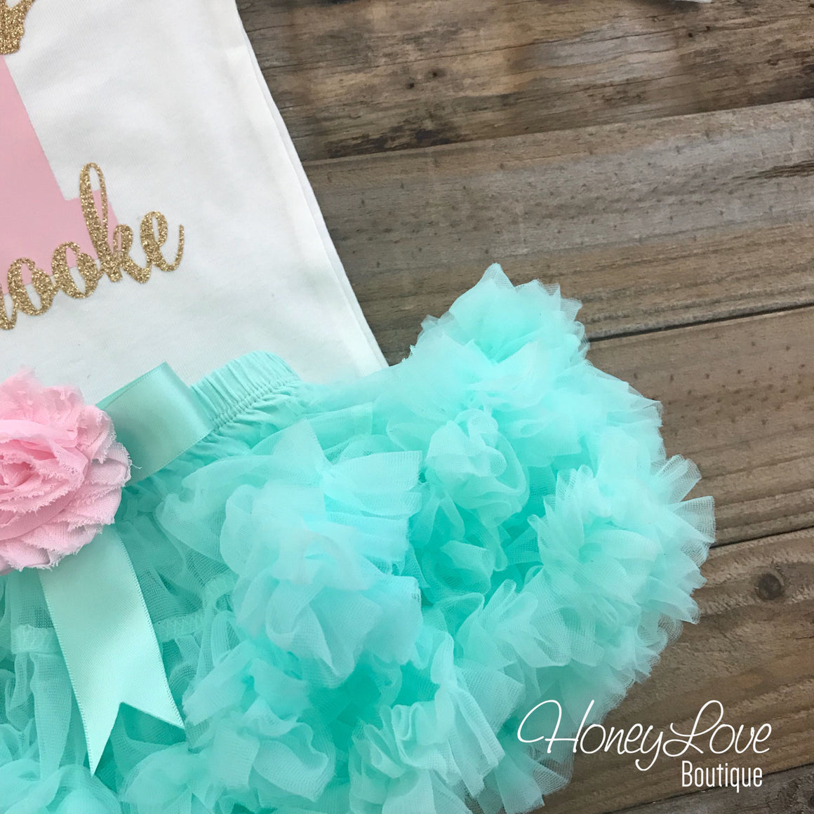 Personalized 1st Birthday Princess Outfit - Gold Glitter, Light Pink and Mint/Aqua - embellished pettiskirt - HoneyLoveBoutique