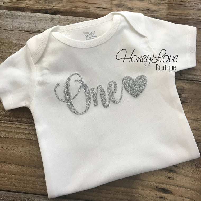 One with heart - Silver glitter bodysuit - HoneyLoveBoutique