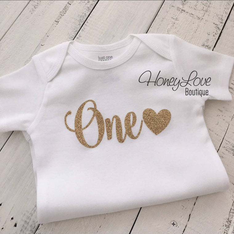 One with heart - Gold glitter bodysuit - HoneyLoveBoutique