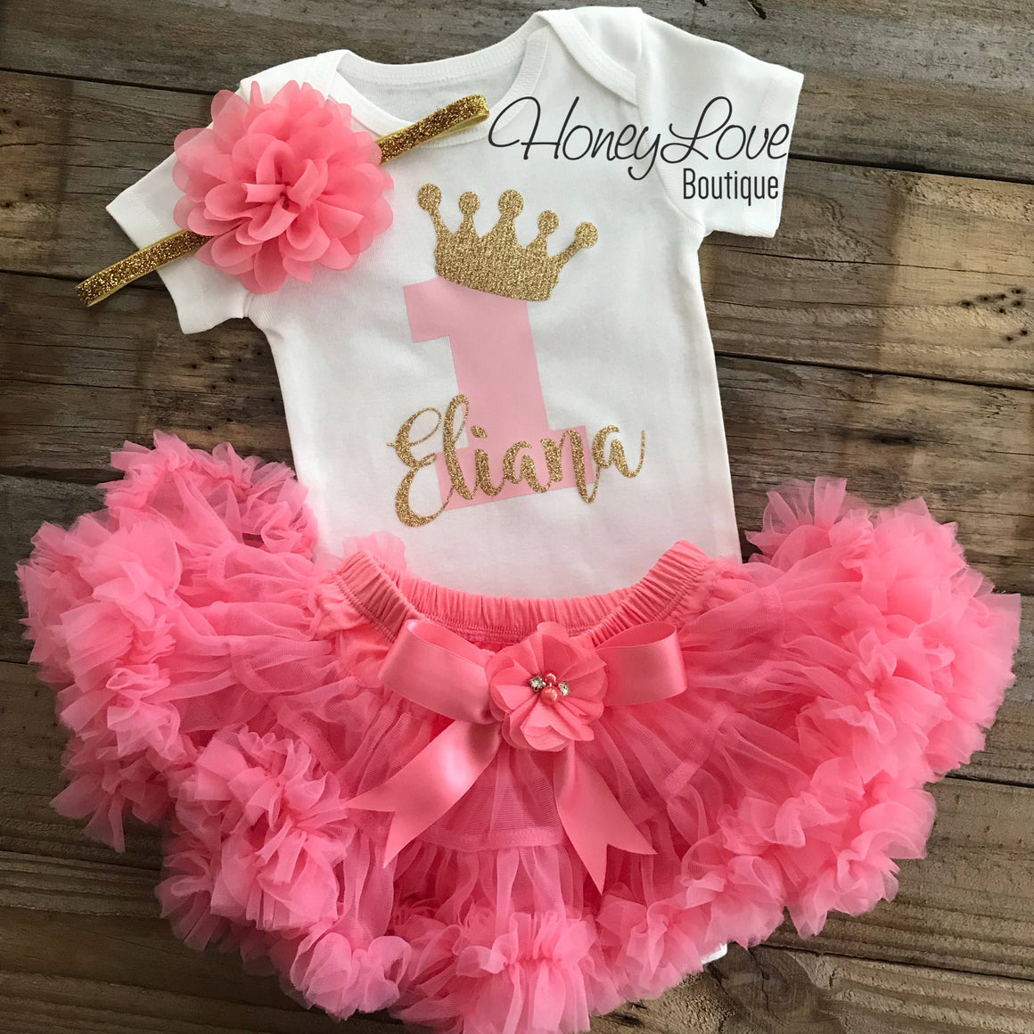 Personalized 1st Birthday Princess outfit - Gold Glitter and Coral Pink - embellished pettiskirt - HoneyLoveBoutique