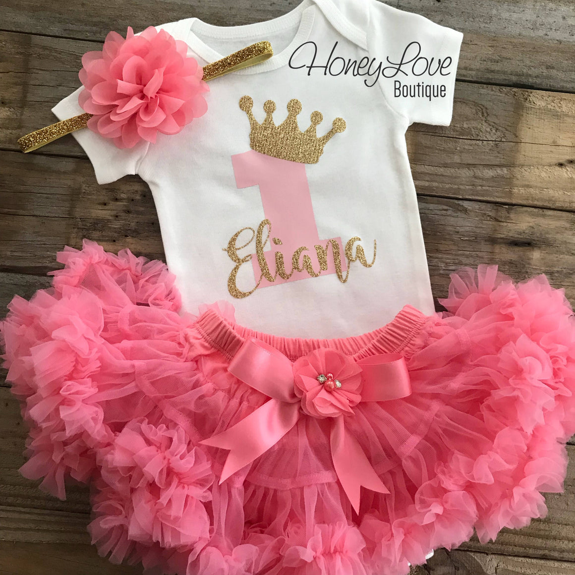 Personalized 1st Birthday Princess outfit - Gold Glitter and Coral Pink - embellished pettiskirt - HoneyLoveBoutique