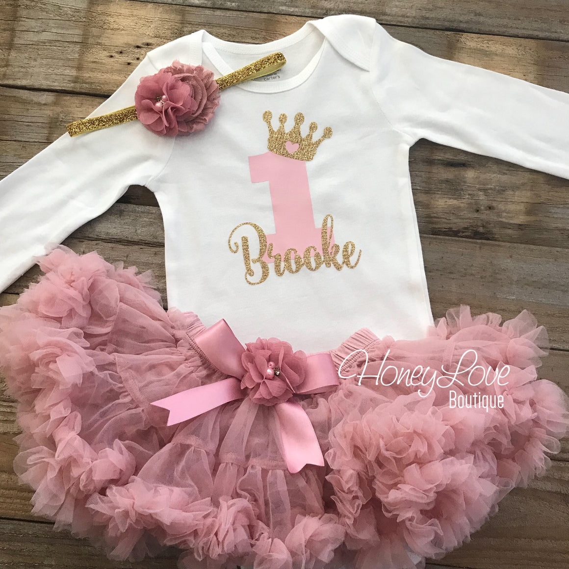 Personalized 1st Birthday Princess outfit - Gold Glitter and Vintage Pink - embellished pettiskirt - HoneyLoveBoutique