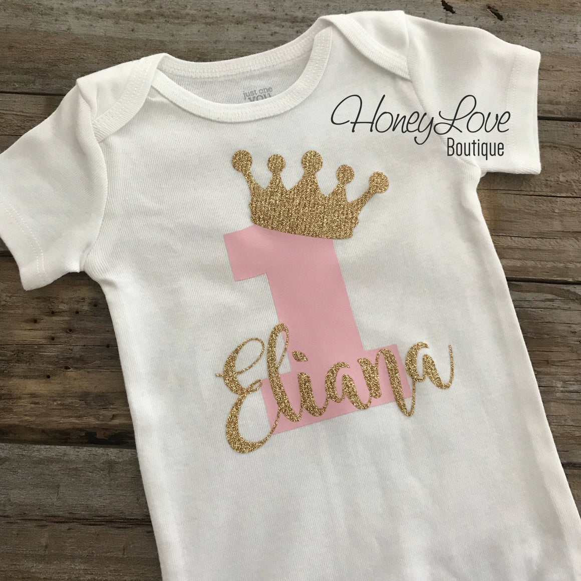 Personalized 1st Birthday Princess outfit - Gold Glitter and Coral Pink - embellished pettiskirt - HoneyLoveBoutique