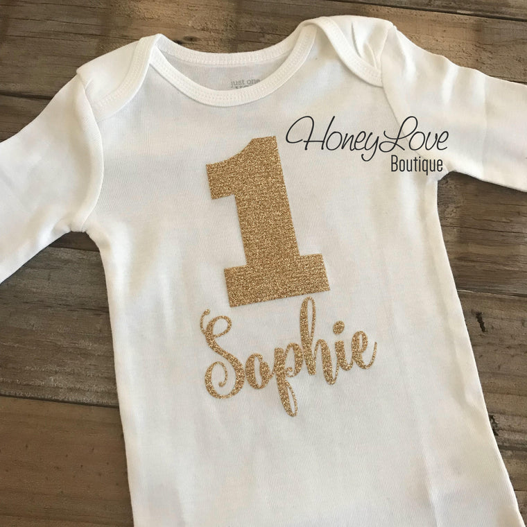 Personalized Name 1st Birthday Bodysuit - Gold Glitter - HoneyLoveBoutique