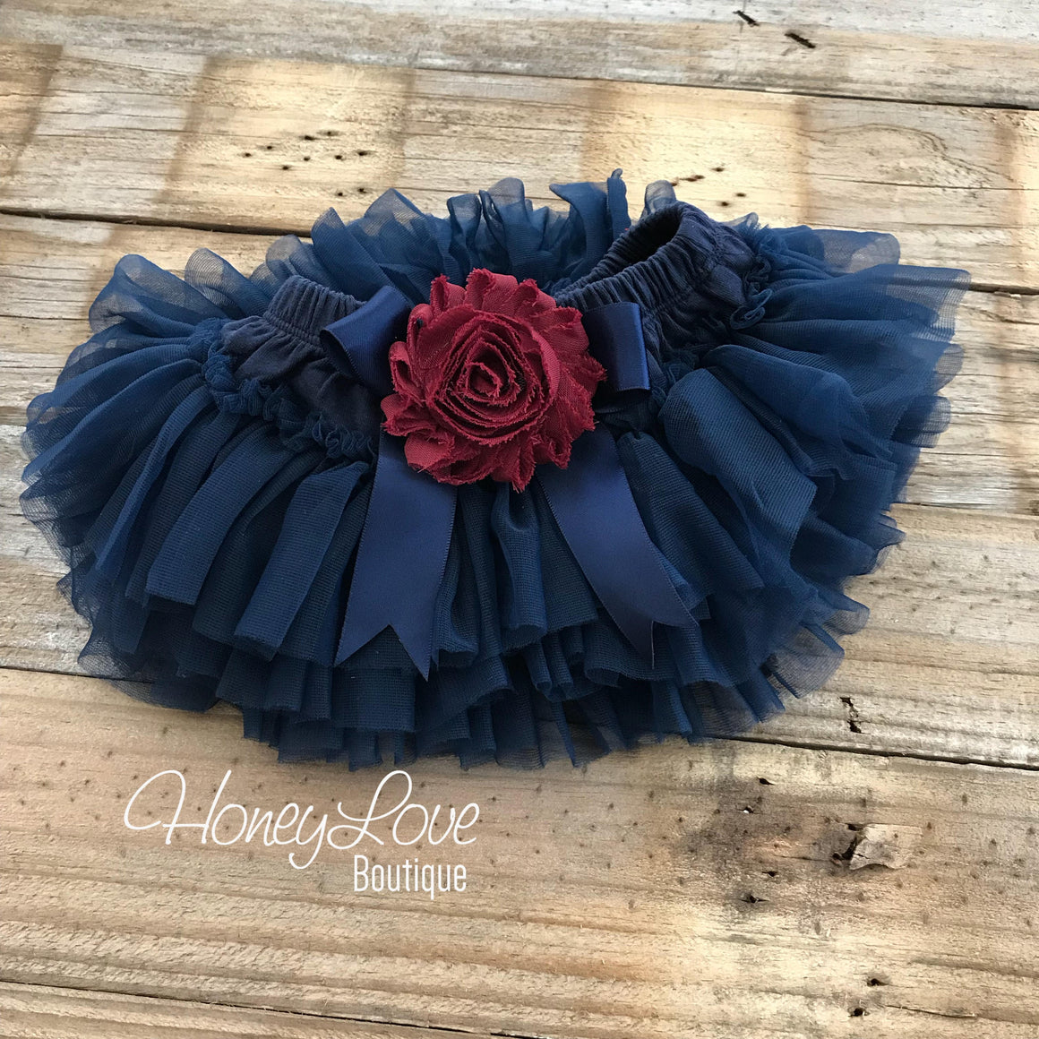 PERSONALIZED Name Outfit - Navy Blue and Gold Glitter - Maroon/Burgundy flower embellished tutu skirt bloomers - HoneyLoveBoutique