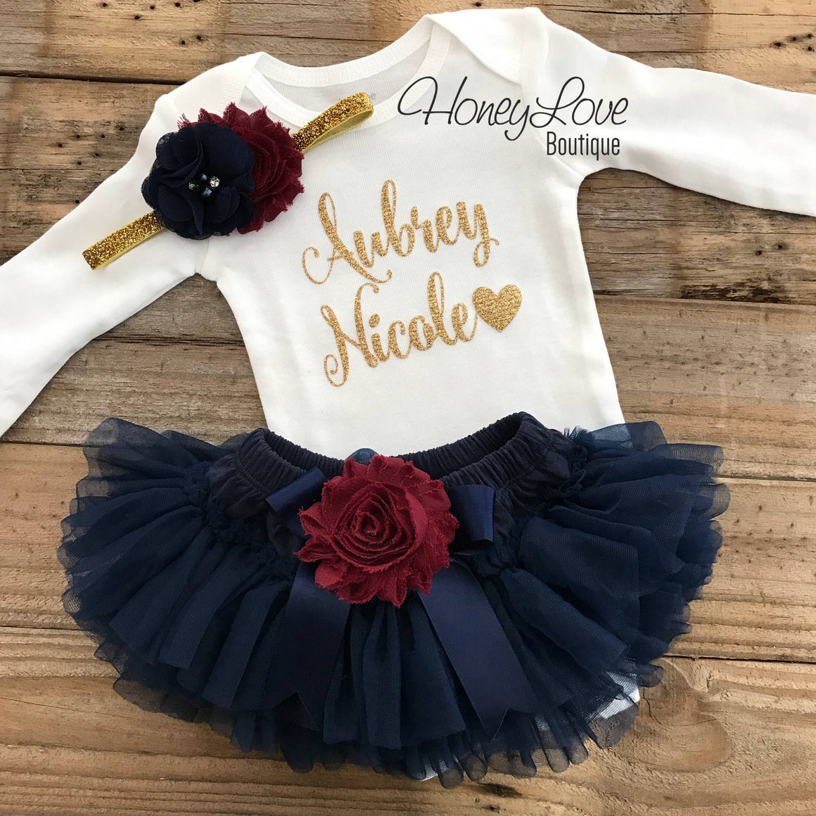 PERSONALIZED Name Outfit - Navy Blue and Gold Glitter - Maroon/Burgundy flower embellished tutu skirt bloomers - HoneyLoveBoutique