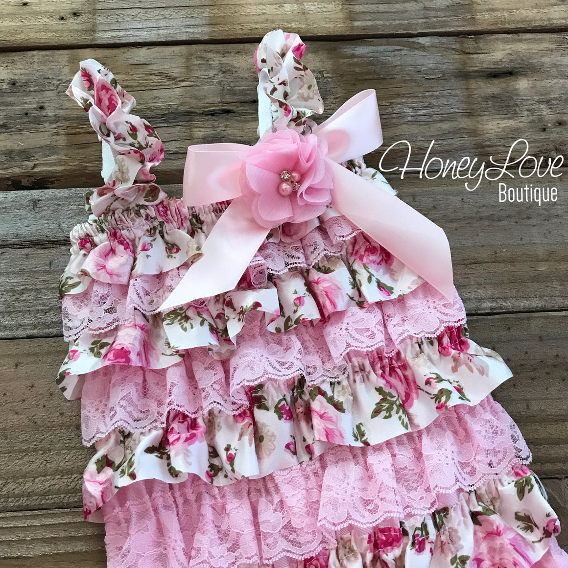 Satin & Lace Petti Romper - Pink and Floral  - with pink flower embellishment - HoneyLoveBoutique