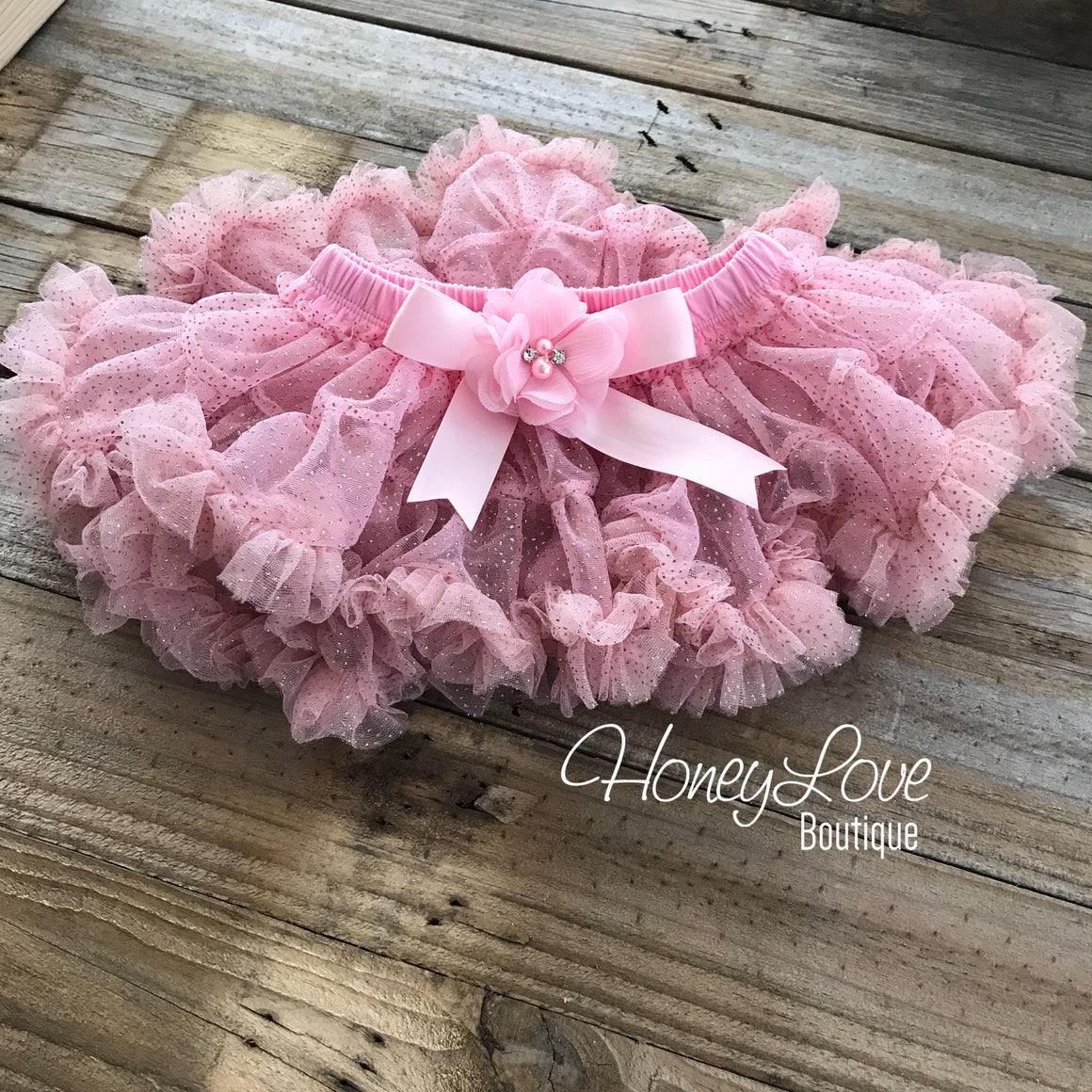 Light Pink and Gold Glitter pettiskirt - embellished flower - HoneyLoveBoutique