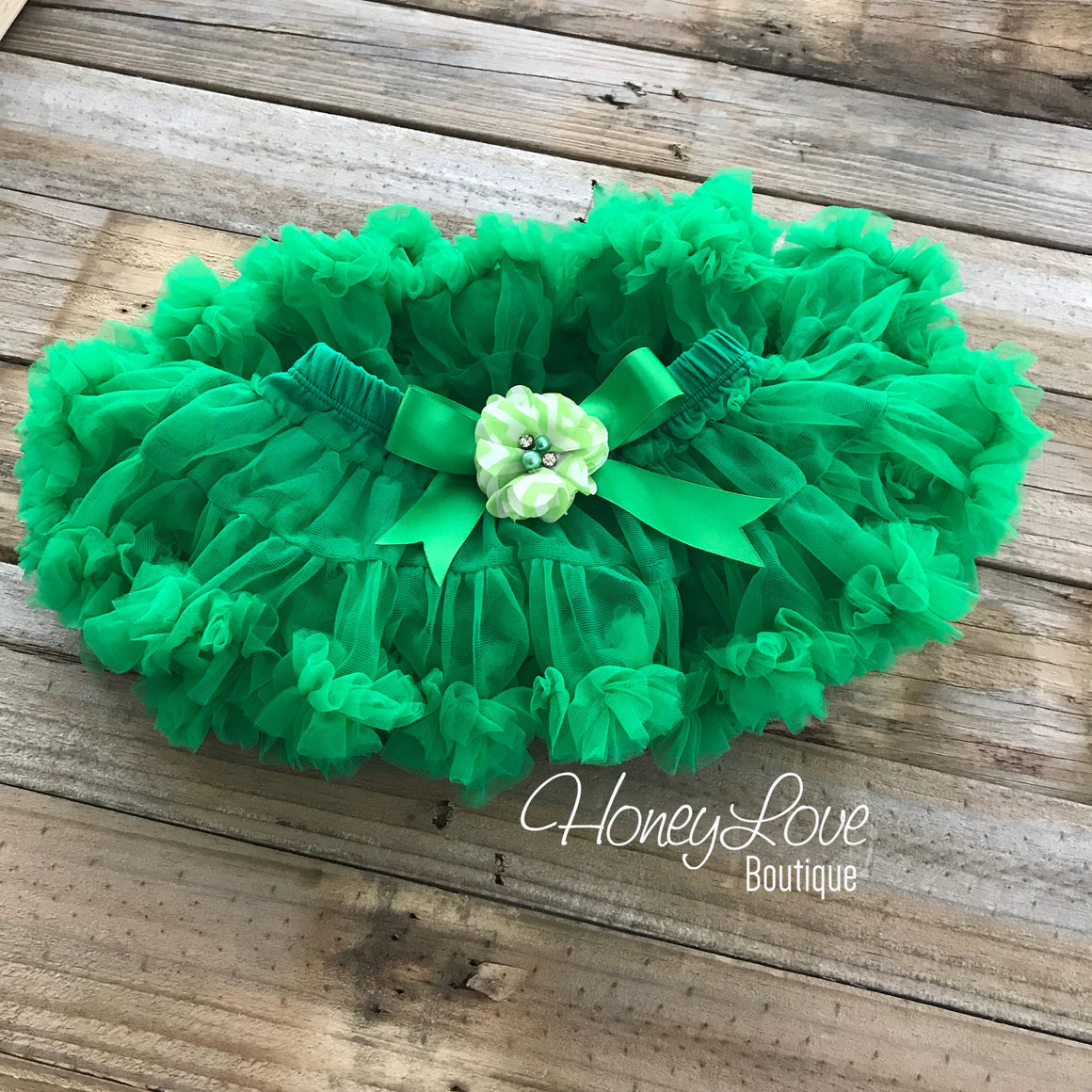 Kelly Green Pettiskirt - embellished rhinestone/pearl chevron flower - HoneyLoveBoutique