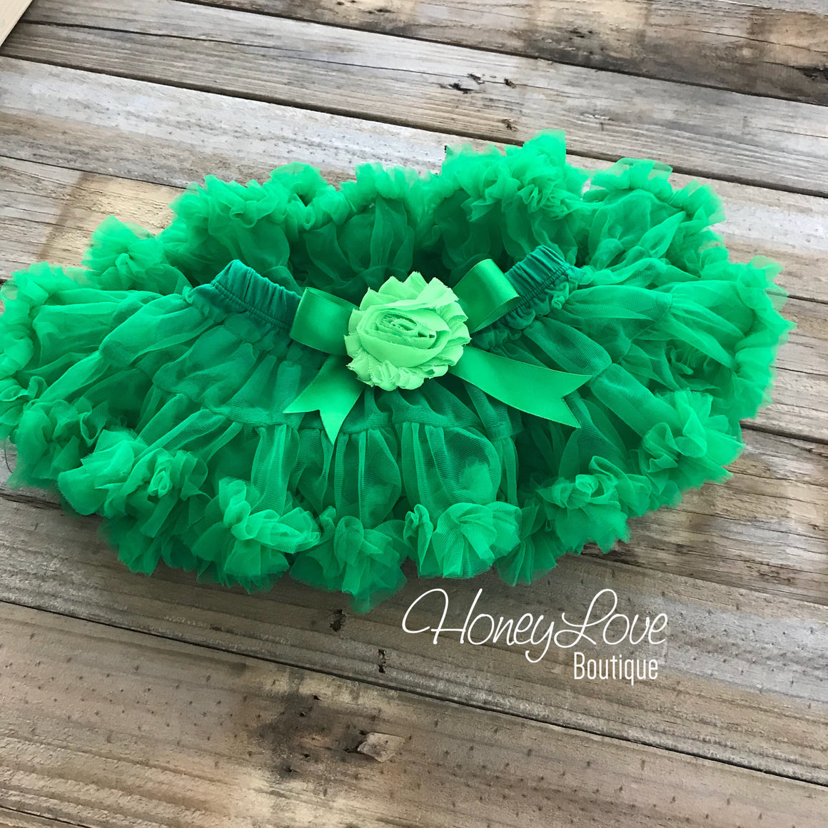 Kelly Green Pettiskirt - embellished lime green flower - HoneyLoveBoutique