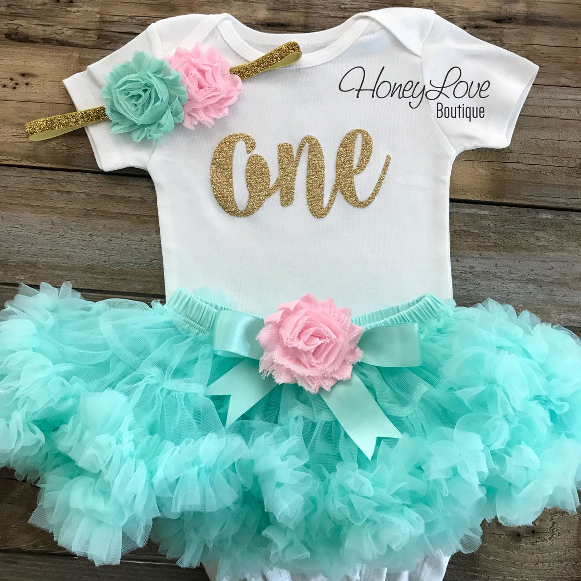 One - Birthday Outfit - Mint/Aqua, Light Pink and Silver/Gold glitter - HoneyLoveBoutique