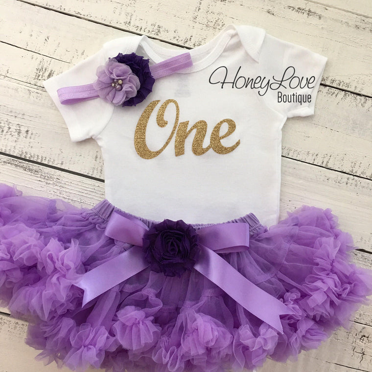 One - Birthday Outfit - Lavender Purple and Silver/Gold Glitter - embellished grape flower pettiskirt - HoneyLoveBoutique