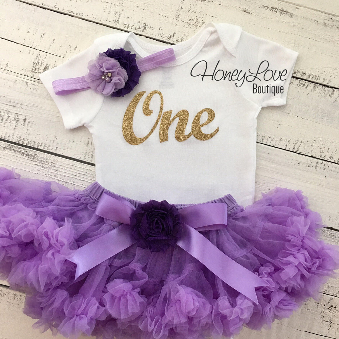 One - Birthday Outfit - Lavender Purple and Silver/Gold Glitter - embellished grape flower pettiskirt - HoneyLoveBoutique