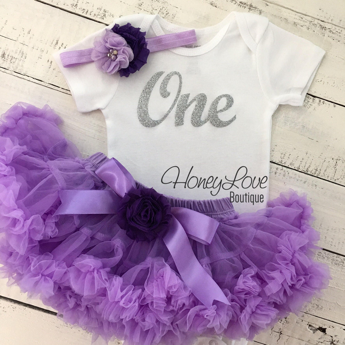 One - Birthday Outfit - Lavender Purple and Silver/Gold Glitter - embellished grape flower pettiskirt - HoneyLoveBoutique