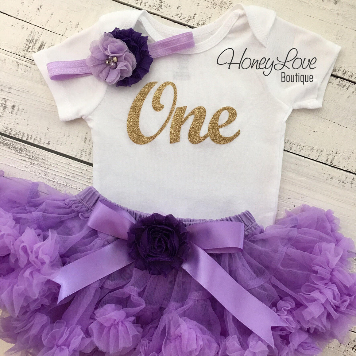 One - Birthday Outfit - Lavender Purple and Silver/Gold Glitter - embellished grape flower pettiskirt - HoneyLoveBoutique