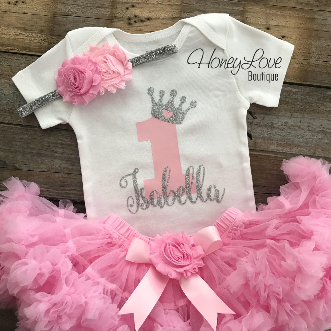 Personalized 1st Birthday Princess outfit - Silver Glitter and Light Pink - embellished pettiskirt - HoneyLoveBoutique