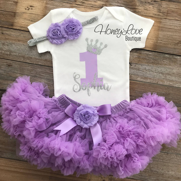 Personalized 1st Birthday Princess outfit - Silver glitter and Lavender Purple - embellished pettiskirt - HoneyLoveBoutique