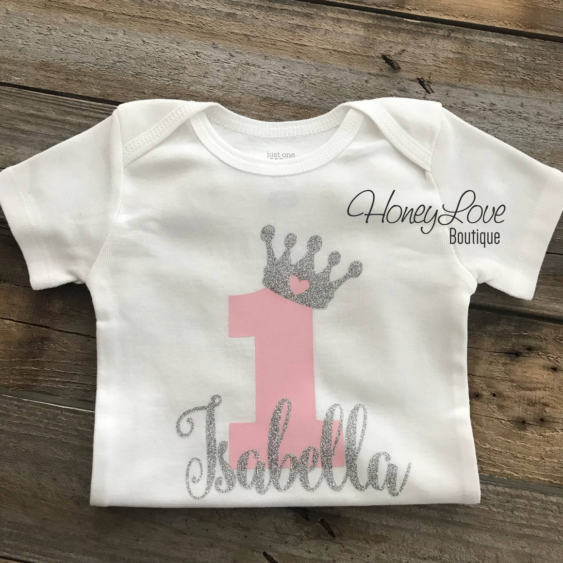 Personalized First Birthday Princess Bodysuit - Light Pink and Silver glitter - HoneyLoveBoutique