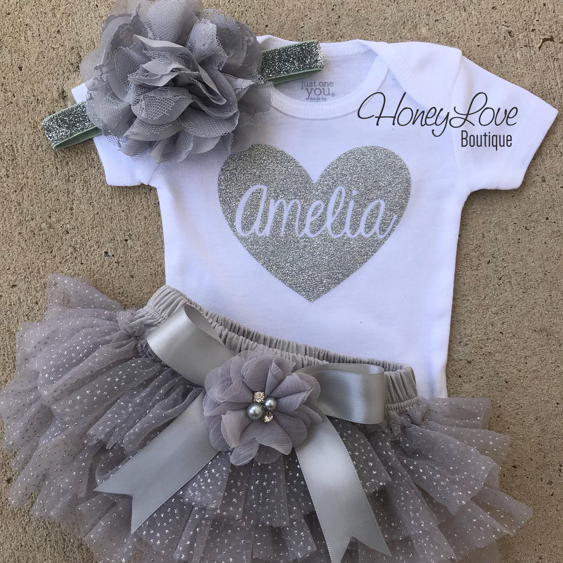 Personalized Name inside Heart - Gray and Silver Glitter - embellished tutu skirt bloomers - HoneyLoveBoutique