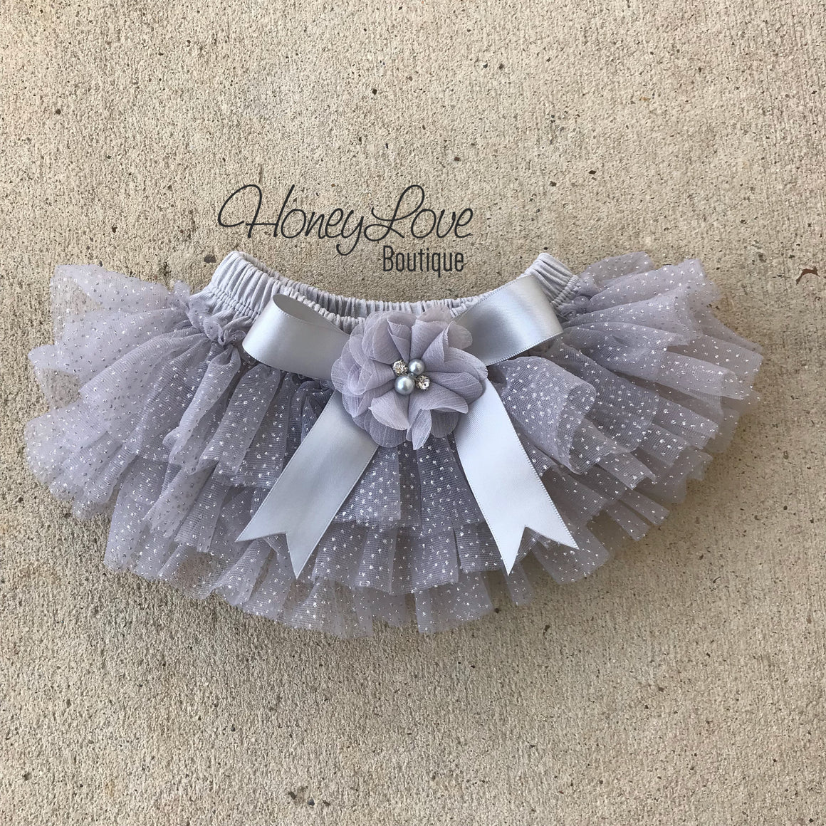Personalized Name inside Heart - Gray and Silver Glitter - embellished tutu skirt bloomers - HoneyLoveBoutique