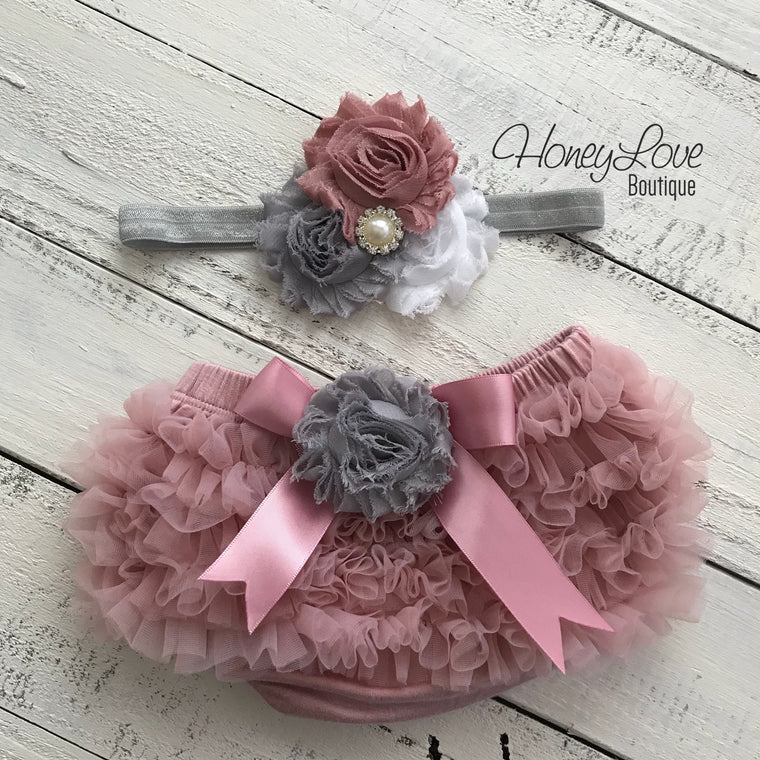 Vintage Pink ruffle bottom bloomers and pearl rhinestone flower headband - embellished gray flower - HoneyLoveBoutique