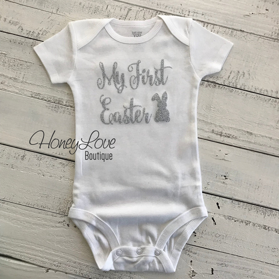 My First Easter bodysuit - Silver or Gold glitter - HoneyLoveBoutique