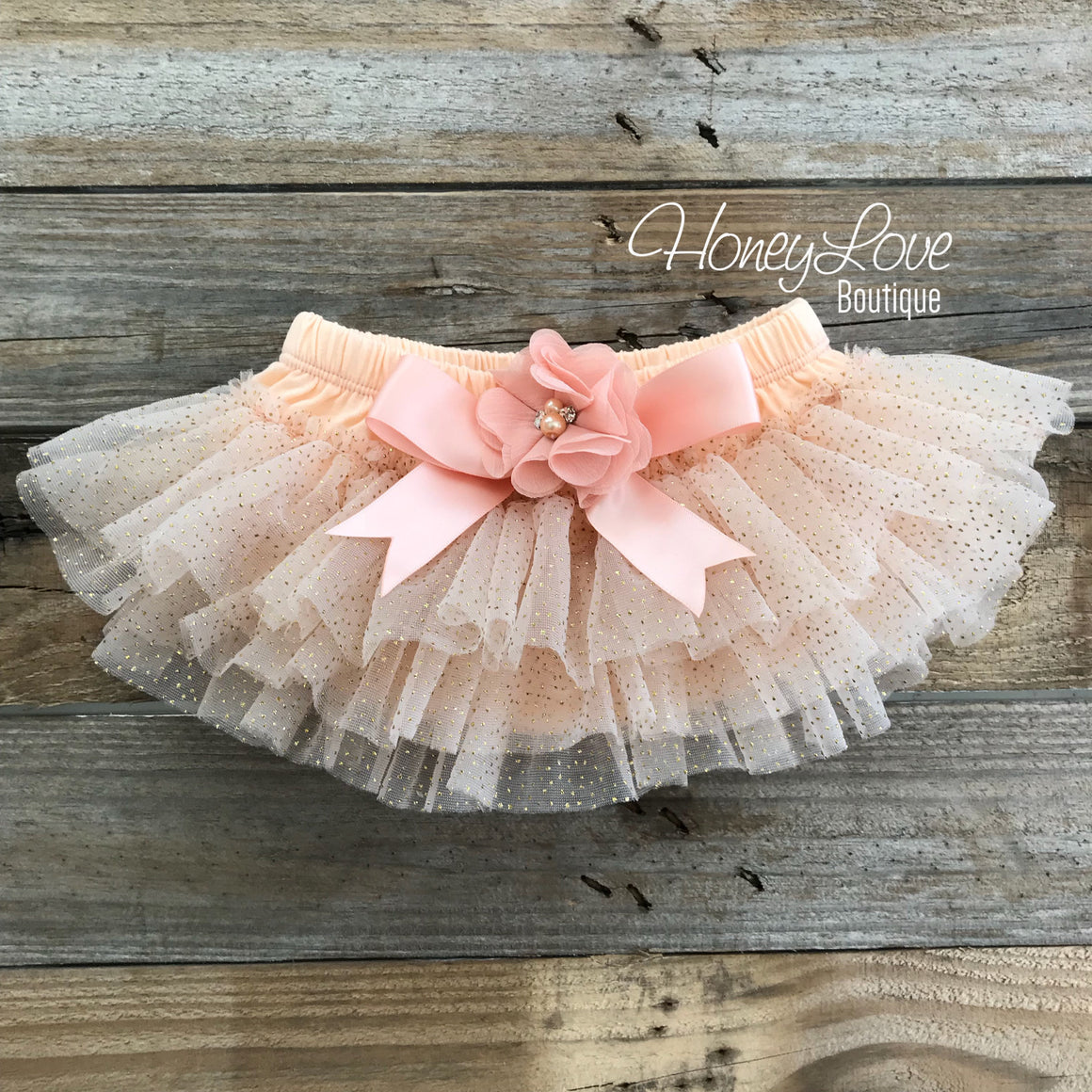 Peach and Gold glitter tutu skirt bloomers and tiara headband - embellished bloomers - HoneyLoveBoutique