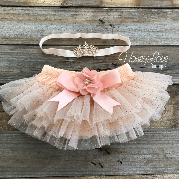 Peach and Gold glitter tutu skirt bloomers and tiara headband - embellished bloomers - HoneyLoveBoutique